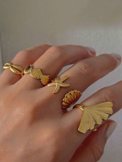 طقم خواتم نجمة البحر والصدف من الفولاذ المقاوم للص...