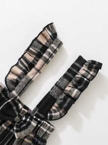 2pcs Young Girl Set: Turtleneck Ribbed Knit Long Sleeve Top And Plaid Suspender Pants