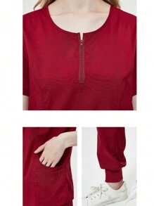 Women's Anti-Fluid Uniform Pajamas And Short-Sleeved Top Set With Pants - 酒紅色 - 查看 4