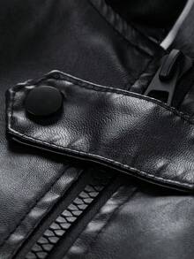 女士时尚休闲宽松修身夹克皮夹克黑色春季款 - 黑色 - 查看 9