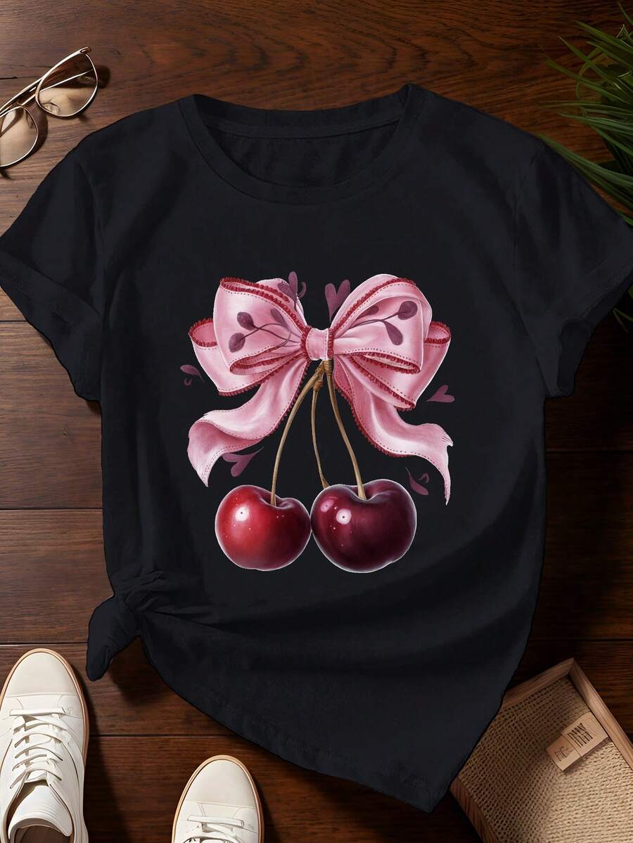Whimsical Cherries With Pink Bow Pure Cotton Women's Tshirt Comfort Fit - 黑色 - 查看 1