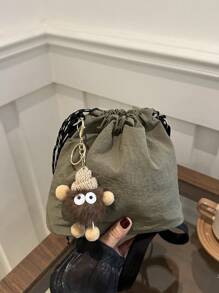 1pc Plush Pendant Accessory + 1pc Nylon Solid Color Drawstring Bucket Bag, Fashionable Shoulder Bag For Women , Green - Army Green - View 5