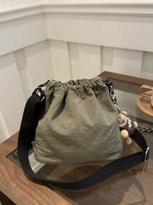 1pc Plush Pendant Accessory + 1pc Nylon Solid Color Drawstring Bucket Bag, Fashionable Shoulder Bag For Women , Green - Army Green - View 10