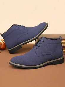 男士绒面休闲商务百搭高帮系带皮靴，新款英伦风反光软底靴 - 藍色 - 查看 3