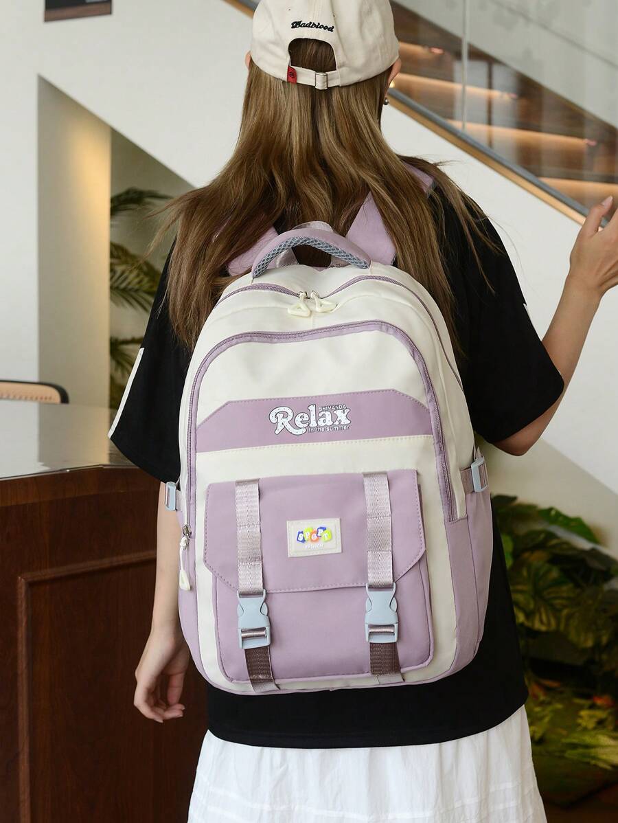 Women's Waterproof Nylon School Backpack With Anti-Theft Pouch On The Back Of The Backpack - Màu Lilac Tím - Xem 1