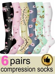 6 Pairs Women's Compression Socks, Floral Pattern, Breathable Knee-High Socks, Suitable For Running, Fitness, Skipping, Cycling And Other Sports - Multicolor - View 7