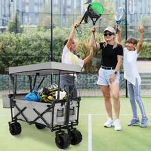 Carretilla de mano de gran capacidad de 262L, carrito de jardín plegable, hasta 113 kg, carrito de transporte para playa con ruedas todoterreno, con portavasos y barra telescópica