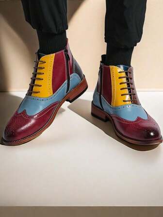 High-Top Men's Boots, European & American Style Side Zipper, Color Blocking Wooden Heel, Lace-Up, Leather, Party, Wedding, Business Formal Wear