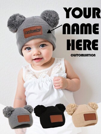 Gorro personalizado para bebé, gorro con doble pompón, gorro personalizado con nombre para bebé recién nacido, gorro tipo gorro de lana para niños de 1 a 3 años, ideas de regalo de invierno para el Día de San Valentín para niño o niña