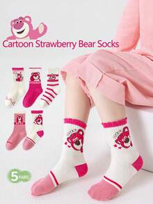 5双/包女童及膝袜，草莓熊条纹卡通熊图案，亲肤柔软舒适透气时尚休闲运动袜，适合节日、返校、旅行、户外活动、日常搭配 - 彩色 - 查看 8