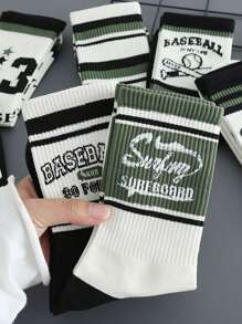 5 Pairs Assorted Breathable Moisture Wicking Mid-Calf Socks For Men, Fashionable Letter Print & Colorblock Design, Suitable For Autumn, Fall