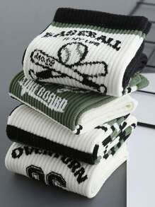 5 Pairs Assorted Breathable Moisture Wicking Mid-Calf Socks For Men, Fashionable Letter Print & Colorblock Design, Suitable For Autumn, Fall