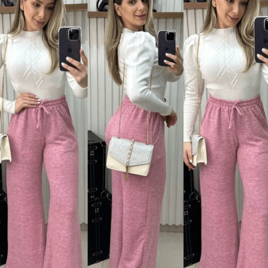 Women's High-Waisted Lace-Up Palazzo Pants With Pockets For Winter - Hồng - Xem 1