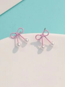 1 对蝴蝶结设计女士耳环，精致轻巧日常佩戴耳环，时尚礼物情人节、妈妈、母亲、母亲节、礼物 - 粉色 - 查看 1
