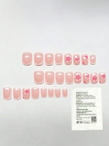 24Pcs Light Pink Short Floral Nail Art Stickers Press On Nails Nail Supplies Nails - Pink - View 3