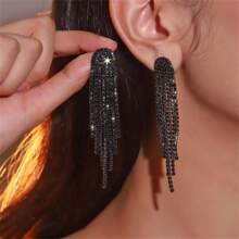 Pendientes largos con flecos de color dorado, plateado y negro estilo sencillo, adecuados para uso diario, eventos y bodas de mujeres