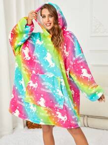 Conjunto de una pieza con estampado simple de color para mujer, edición de otoño e invierno con capucha acogedora de Pegaso engrosado, adecuado para uso doméstico - Multicolor - Ver 1