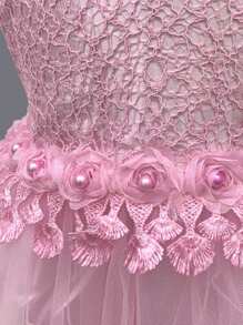 Vestido formal de niña preadolescente con detalles de lazo, encaje y gasa para boda, graduación y fiesta de princesa - Rosa - Ver 6