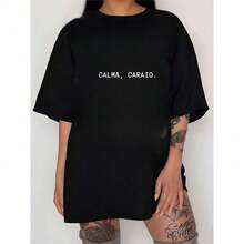Women's Oversized Cotton T-Shirt Streetwear Calm Down Caraio - 黑色 - 查看 2