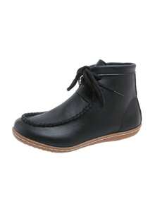 Women's Comfortable Ankle Boots, Casual Stitching Thick Line Round Toe Lace-Up Soft Sole Bohemian Style Black & Apricot Leather Thermal Lined New Boots For Fall Winter - Black - View 4
