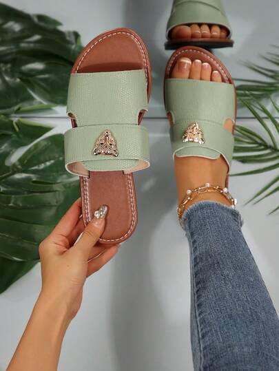 Women's Fashion Slip-On Sandals With Metal Leopard Head Decor, Strap Design, Round Toe, Elegant Style, Olive Green Flat Summer Beach Slides