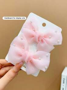 2pcs Girls' Multi-Color Faux Pearl Decor Bow Hair Clips - Pink - View 3