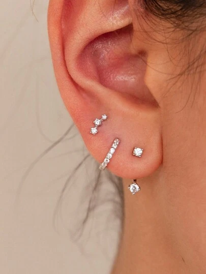 3/6 件时尚银方晶锆石简约可堆叠可拆卸女士耳环，金色