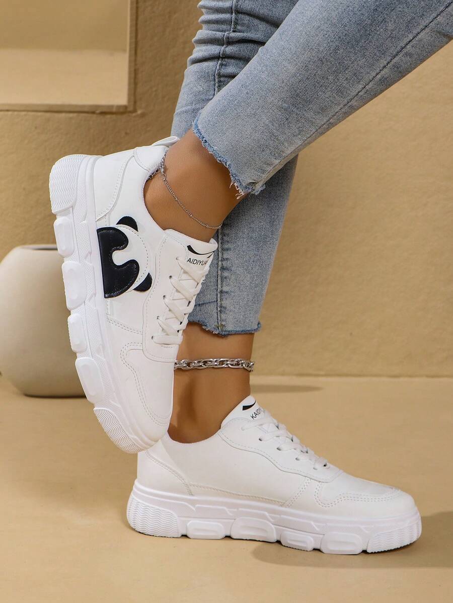 Women's White Shoes British Style Pure White LaceUp Leather Sneakers