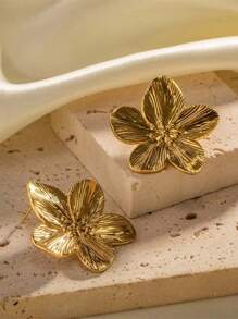1 Pair Fashionable Oversized Gold Color Floral Stud Earrings, Chic And Versatile European And American Style, High-End Metallic Best Seller - Yellow Gold - View 4