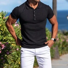 Men's Knitted Polo Shirt Slim Fit Short Sleeve Casual - 黑色 - 查看 8