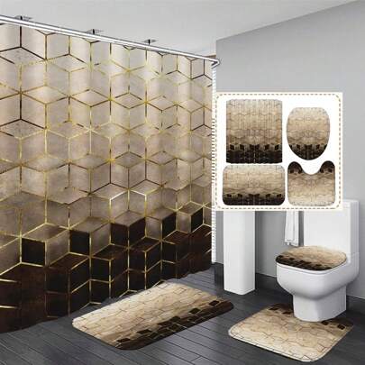 1/3/4 件棕色渐变色浴帘套装、现代几何图案浴帘套装（含 12 个挂钩）、金色立方体线条浴室套装、纹理艺术浴室配件（含地垫）、U 型地垫、马桶座垫、浴室装饰秋季装饰（返校季）