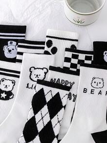 10 双可爱熊图案及膝袜，女款，黑色和白色，适合所有季节，时尚日常穿着 - 黑與白 - 查看 3