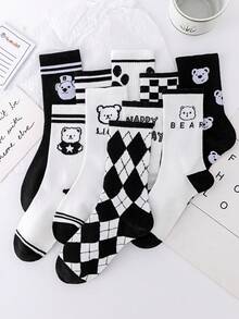 10 双可爱熊图案及膝袜，女款，黑色和白色，适合所有季节，时尚日常穿着 - 黑與白 - 查看 2
