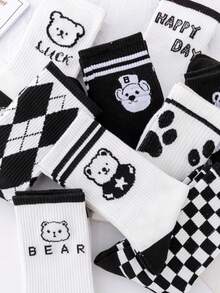 10 双可爱熊图案及膝袜，女款，黑色和白色，适合所有季节，时尚日常穿着 - 黑與白 - 查看 4