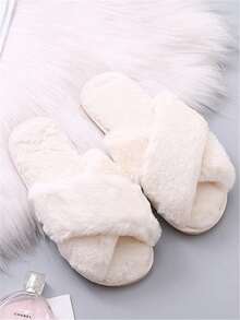 Slippers For Women, Open Toe Fuzzy Fluffy House Slippers Cozy Memory Foam Anti-Skid Plush Cross Furry Slippers Indoor Outdoor - White - View 3
