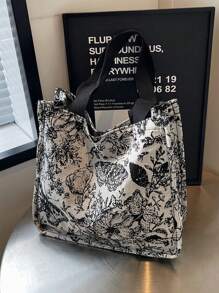 1pc Floral Print Canvas Tote Bag, Shoulder Bag, Lightweight Crossbody Bag, Convenient Storage Bag, Commuter Bag For Women, Large Capacity Handbag, Multi-Function Embroidered Flower Shoulder Bag, Portable Storage Bag - Multicolor - View 10