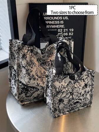 1pc Floral Printed Canvas Handbag Shoulder Bag, Lightweight Satchel Portable Storage Handbag Commuter Bag Floral Canvas Bag Female Cosmetic Bag Student Large Capacity Tote Bag, Multifunctional Handbag Embroidered Flower Shoulder Bag Portable Storage Bag Cosmetic Bag Storage Bag
