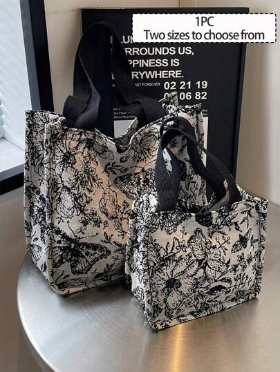 1pc Floral Printed Canvas Handbag Shoulder Bag, Lightweight Satchel Portable Storage Handbag Commuter Bag Floral Canvas Bag Female Cosmetic Bag Student Large Capacity Tote Bag, Multifunctional Handbag Embroidered Flower Shoulder Bag Portable Storage Bag