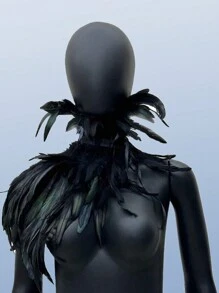 1 件哥特式复古羽毛单肩披肩斗篷适合万圣节优雅服装舞台表演配饰 - 黑色 - 查看 1