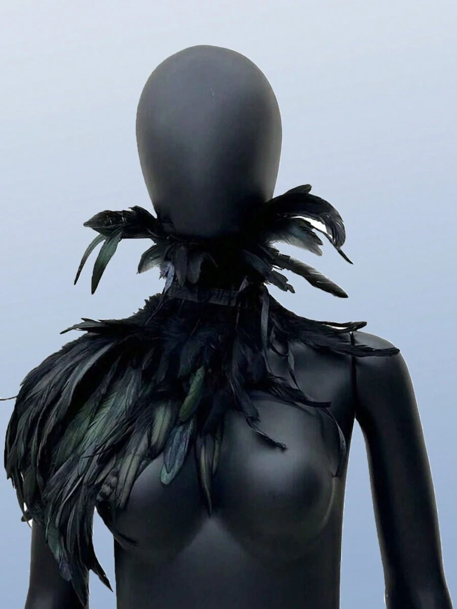 1 件哥特式复古羽毛单肩披肩斗篷适合万圣节优雅服装舞台表演配饰 - 黑色 - 查看 1