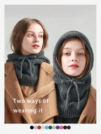 1 pieza Pasamontañas de lana para mujer con cordón, cuello desmontable, máscara de punto para el rostro, bufanda con capucha, adecuado para esquí al aire libre y protección contra el frío en otoño