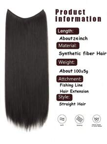 Extensión de cabello natural sintético sin clips, pieza recta invisible de una sola pieza con cable para peluca falsa - Negro - Ver 5