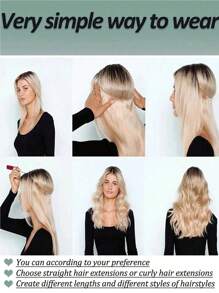 Extensión de cabello natural sintético sin clips, pieza recta invisible de una sola pieza con cable para peluca falsa - Negro - Ver 7