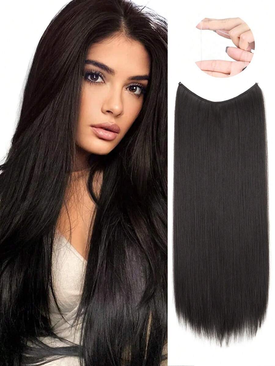 Extensión de cabello natural sintético sin clips, pieza recta invisible de una sola pieza con cable para peluca falsa