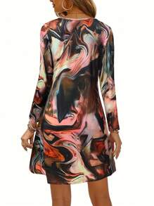 New Graphic Print Pattern Long Sleeve Dress For Women, Autumn/Winter,Women's Custom V-Neck Long Sleeve Dress - Casual Summer Day Dress, Flowy Vacation Outfit, Loose Fit Spring/Summer Dress For Daily Wear,Fashion Holiday Women Midi Dresses