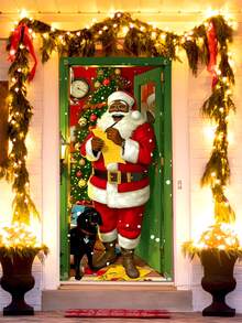 1 件圣诞门旗、圣诞老人带手持铃铛、雪人、礼品盒和雪背景门横幅，适用于室内和室外圣诞家居、派对装饰、圣诞礼物 - 彩色 - 查看 4