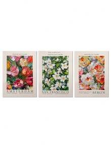 3pcs Frameless Decorative Painting Flower Market Canvas Wall Art Poster, Amsterdam Berlin San Francisco Flower City, Portrait Orientation, Living Room Decoration Indoor Canvas Print 15.75x23.62 Inches Modern Art Piece