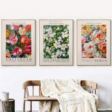 3pcs Frameless Decorative Painting Flower Market Canvas Wall Art Poster, Amsterdam Berlin San Francisco Flower City, Portrait Orientation, Living Room Decoration Indoor Canvas Print 15.75x23.62 Inches Modern Art Piece