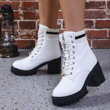 Fall/Winter Women's White Fashionable Comfortable Casual Lace-Up Chunky Heel Ankle Boots And Booties,Boots For Women