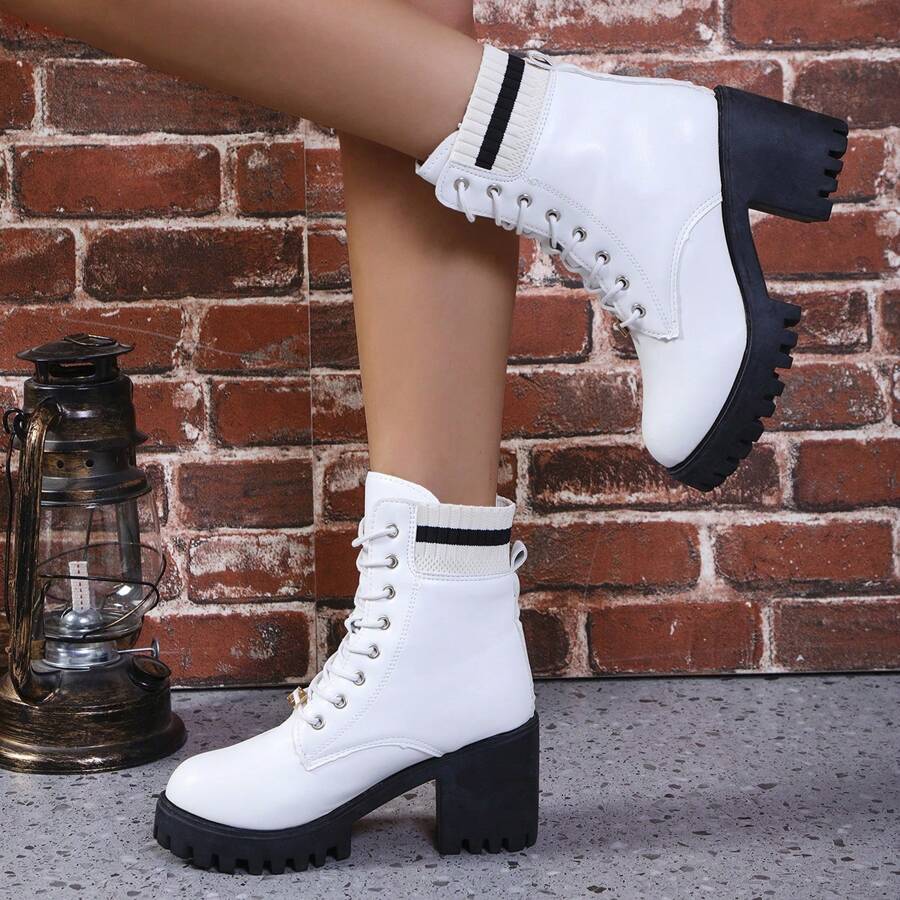 Fall/Winter Women's White Fashionable Comfortable Casual Lace-Up Chunky Heel Ankle Boots And Booties,Boots For Women